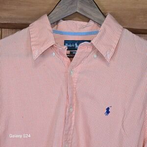 Ralph Lauren Custom Fit Gingham Btn. Down Shirt Men's Large Orange White Classic